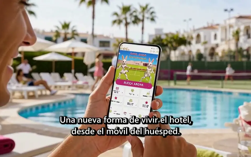 A guest playing a hotel game on a phone by the pool